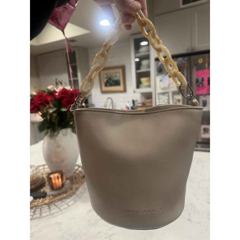 Melie Bianco Beige Vegan‎ Leather Bucket Bag Chunky Resin Chain Handle Taupe